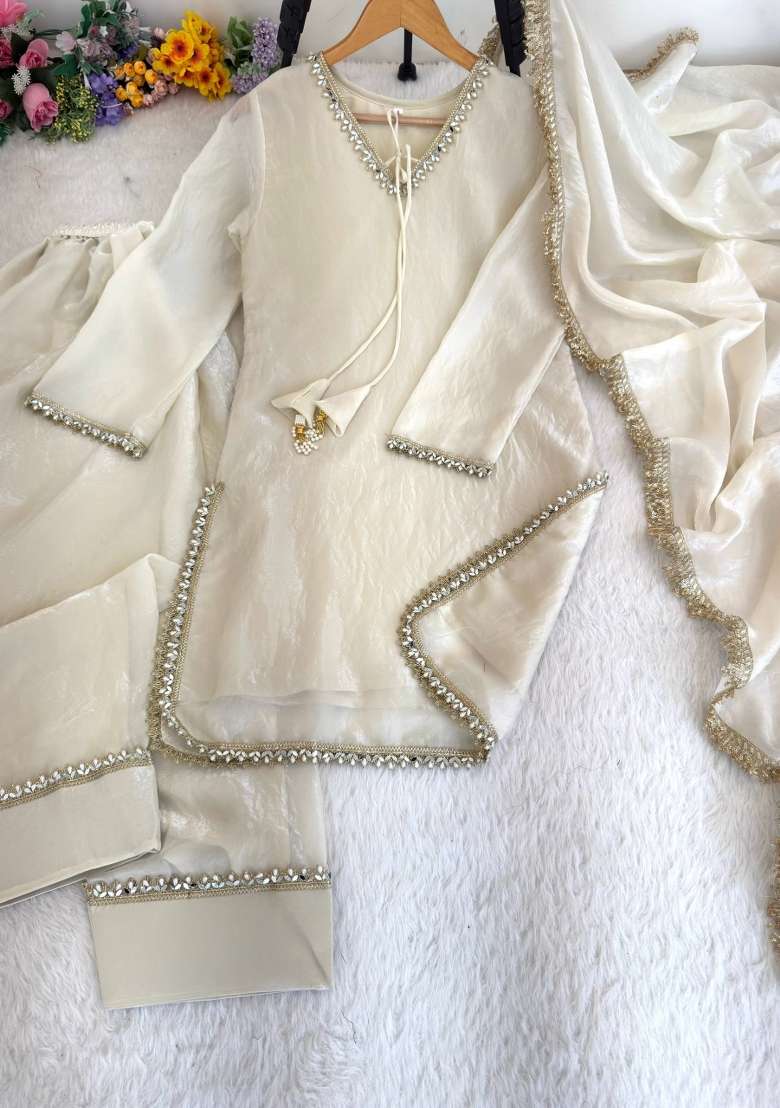 White Lace Work Silk Blend Salwar Kameez - Indya