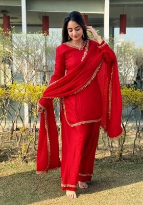 Red Lace Work Silk Blend Salwar Kameez