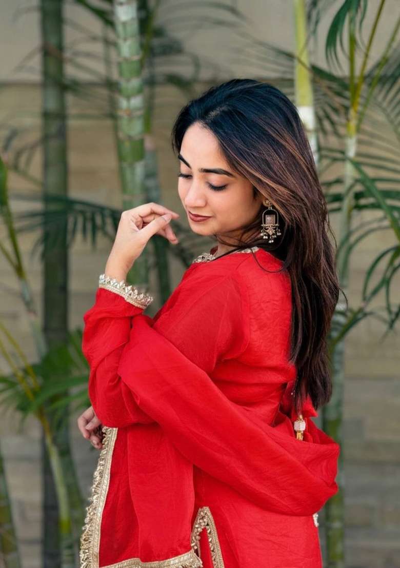 Red Lace Work Silk Blend Salwar Kameez - Indya