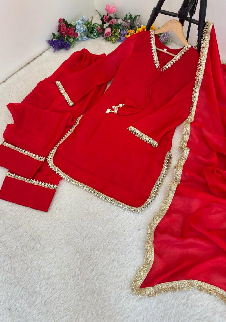 Red Lace Work Silk Blend Salwar Kameez - Indya