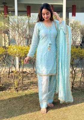 Aqua Blue Lace Work Silk Blend Salwar Kameez