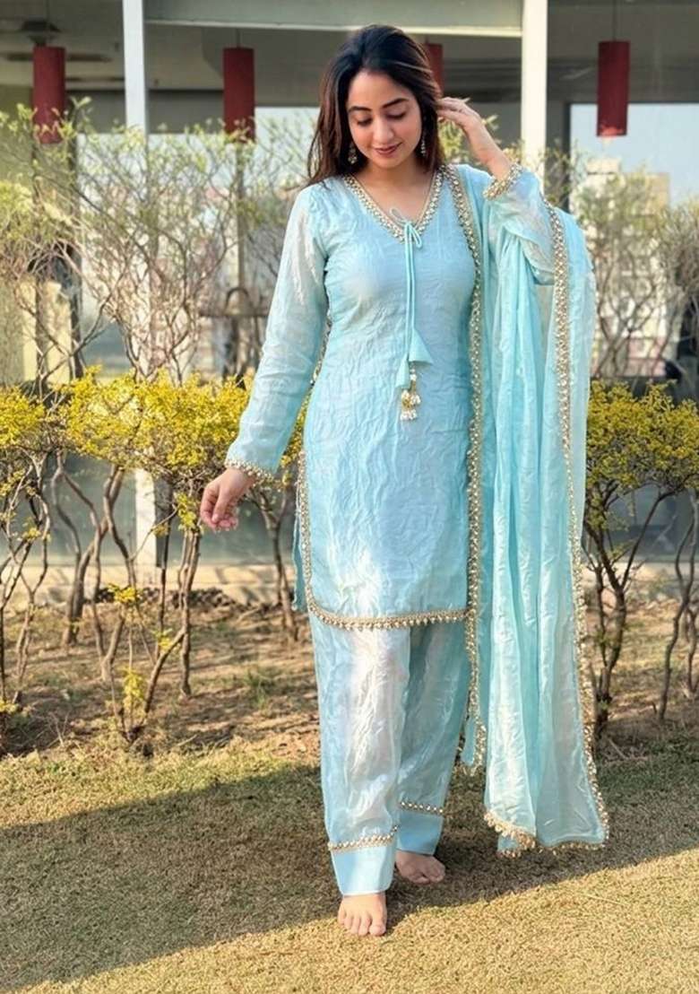 Aqua Blue Lace Work Silk Blend Salwar Kameez - Indya