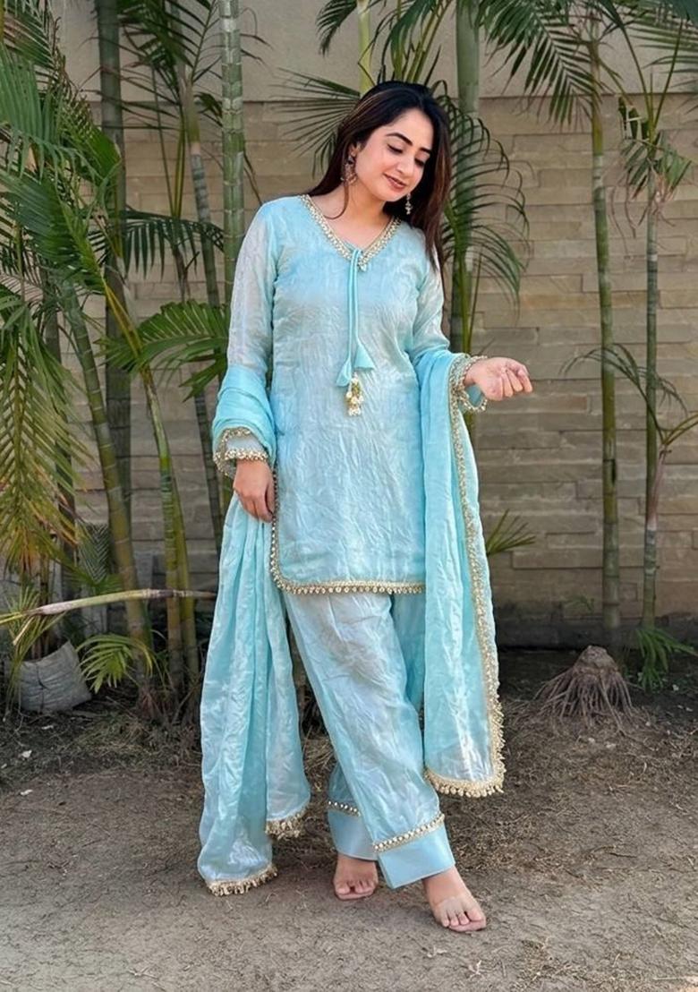 Aqua Blue Lace Work Silk Blend Salwar Kameez - Indya