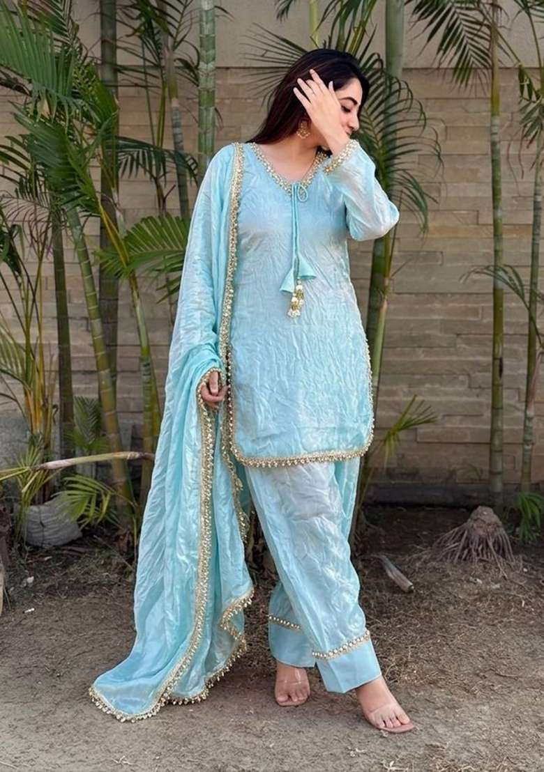 Aqua Blue Lace Work Silk Blend Salwar Kameez - Indya