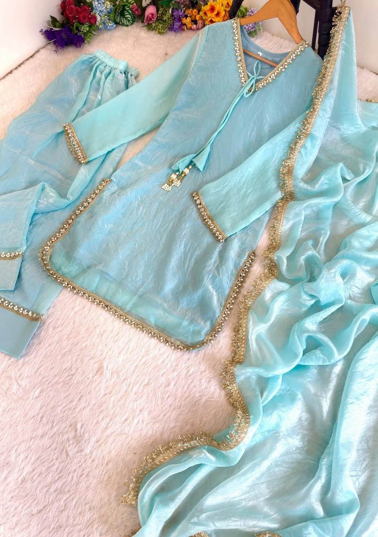 Aqua Blue Lace Work Silk Blend Salwar Kameez - Indya