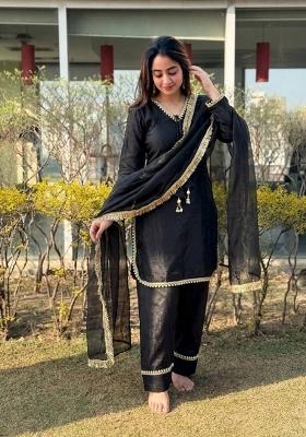 Black Lace Work Silk Blend Salwar Kameez