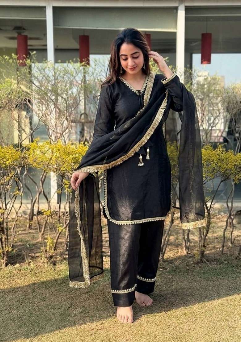 Black Lace Work Silk Blend Salwar Kameez - Indya