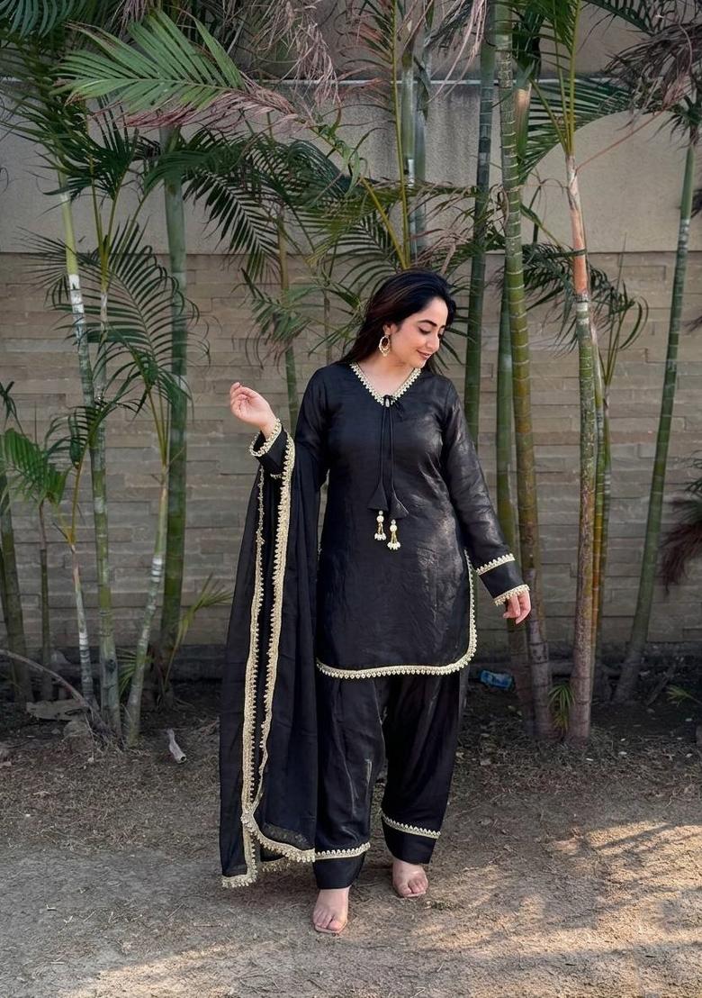 Black Lace Work Silk Blend Salwar Kameez - Indya