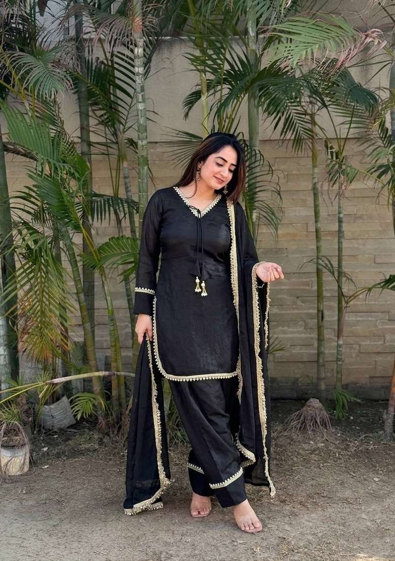 Black Lace Work Silk Blend Salwar Kameez - Indya