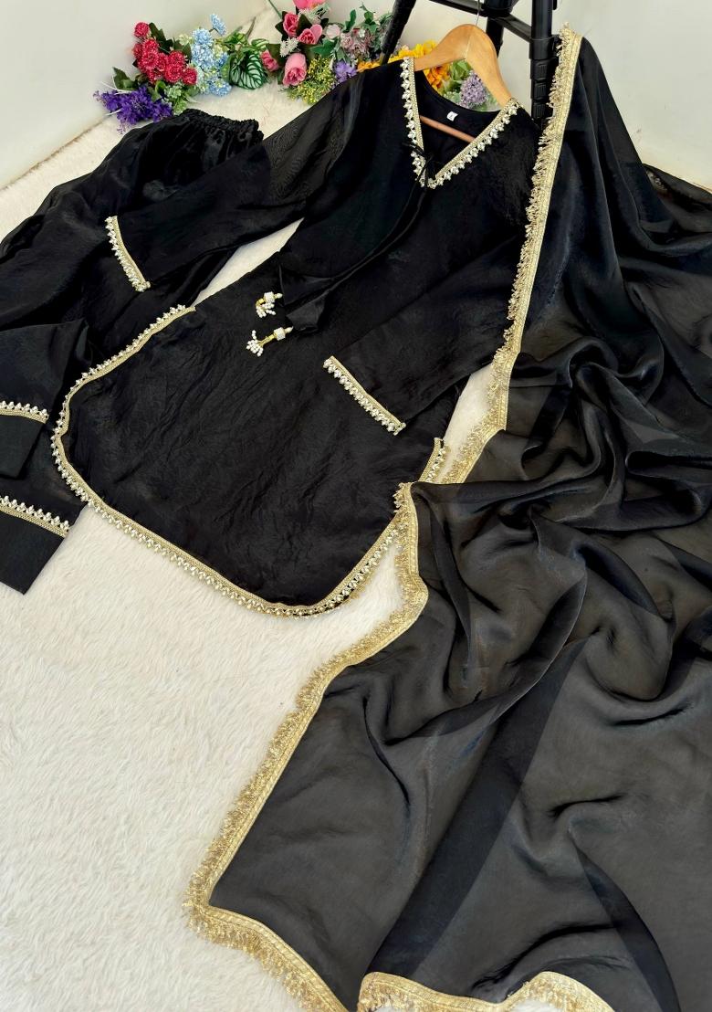 Black Lace Work Silk Blend Salwar Kameez - Indya