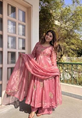 Peach Embroidered Silk Blend Salwar Kameez