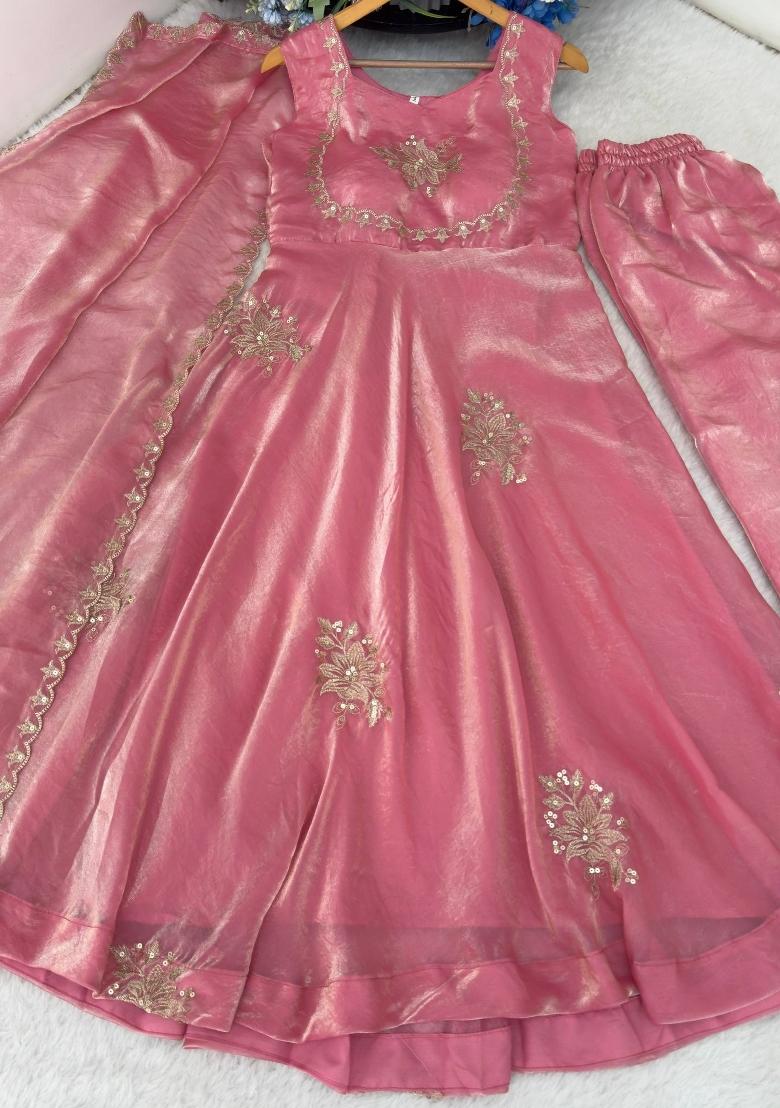 Peach Embroidered Silk Blend Salwar Kameez - Indya