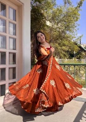 Orange Embroidered Silk Blend Salwar Kameez