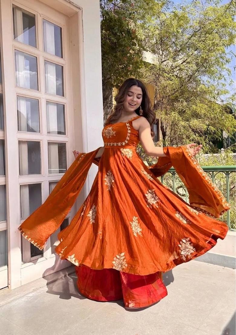 Orange Embroidered Silk Blend Salwar Kameez - Indya