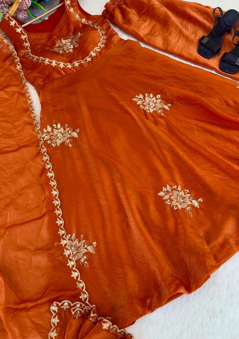 Orange Embroidered Silk Blend Salwar Kameez - Indya