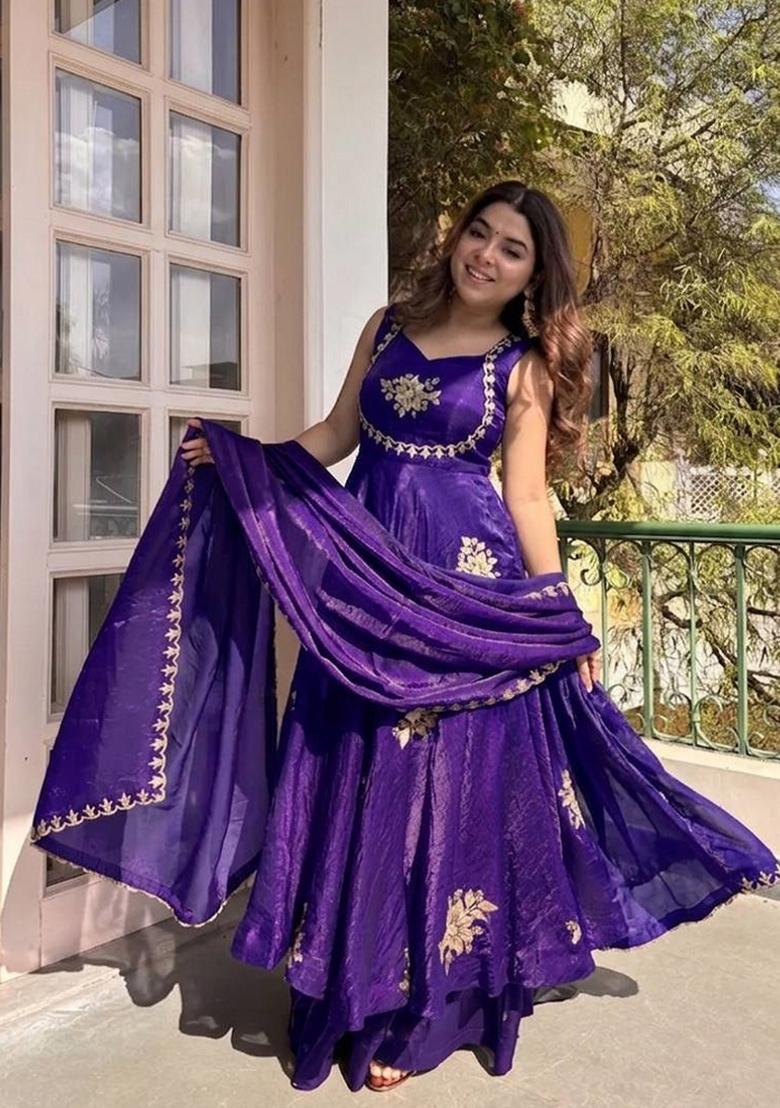 Purple Embroidered Silk Blend Salwar Kameez - Indya