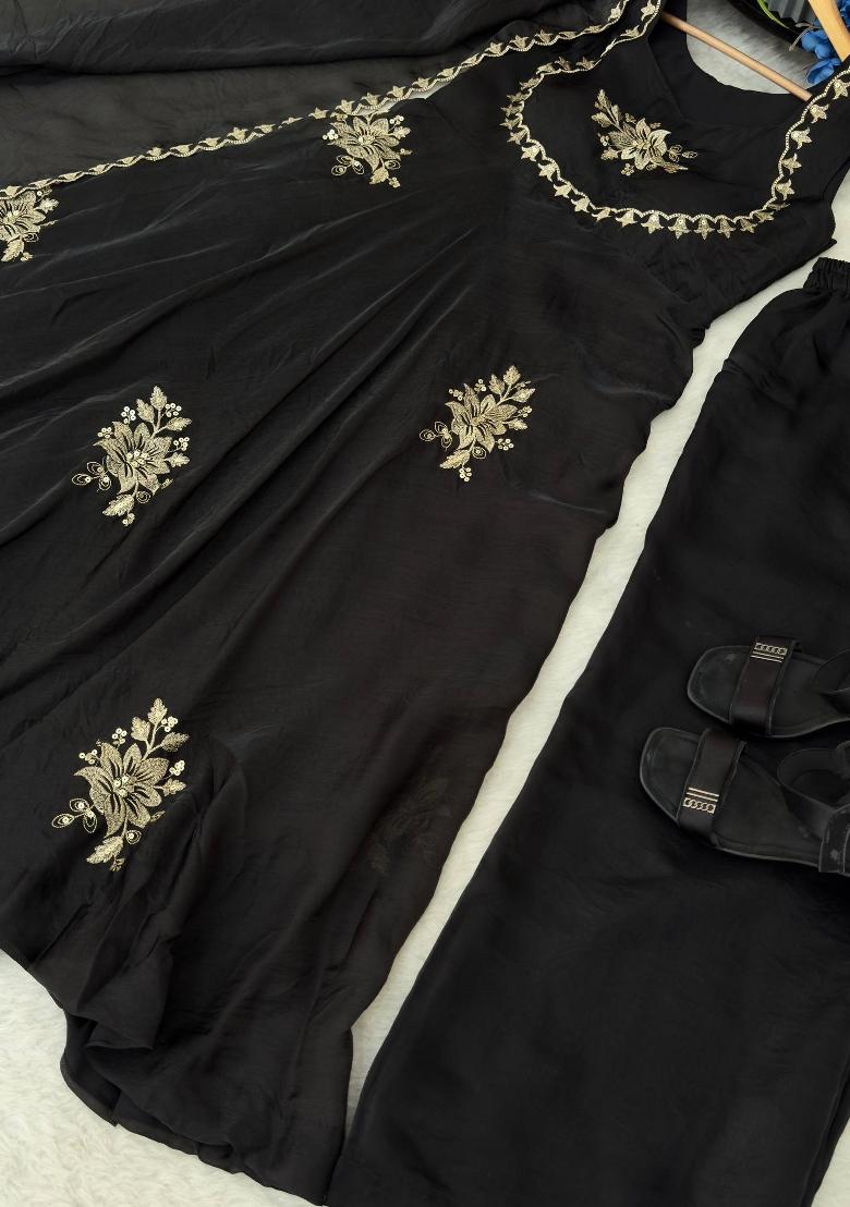 Black Embroidered Silk Blend Salwar Kameez - Indya
