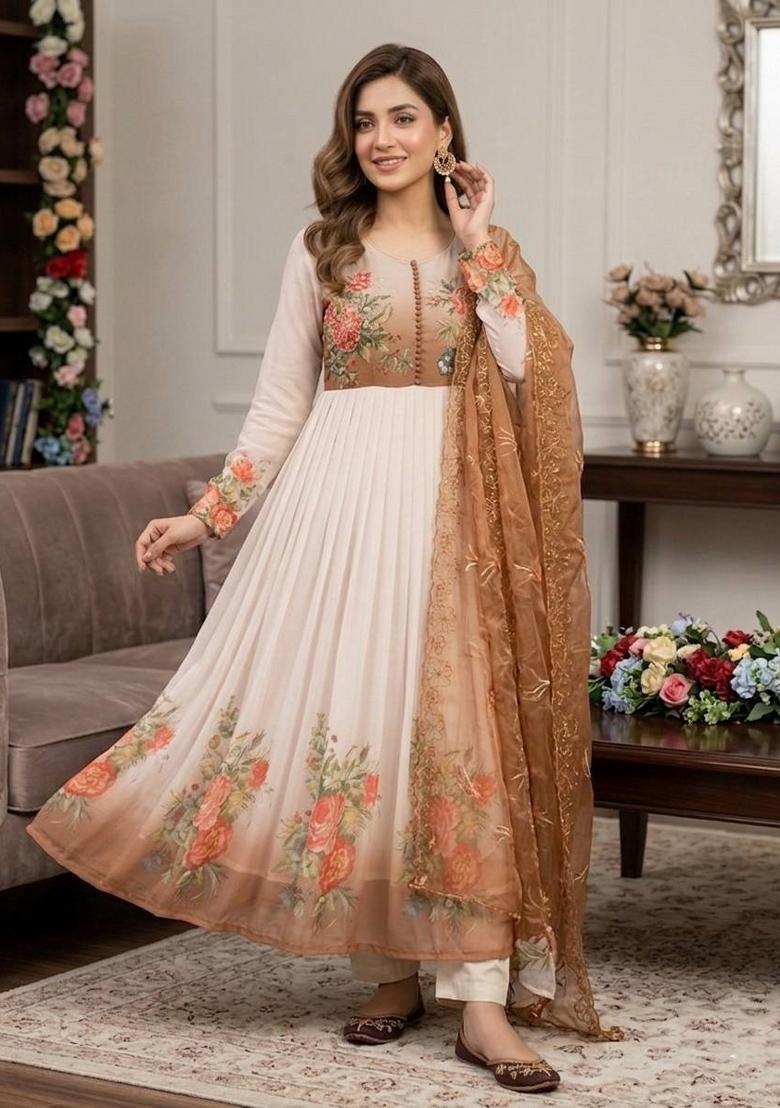 Brown Embroidered Georgette Salwar Kameez - Indya