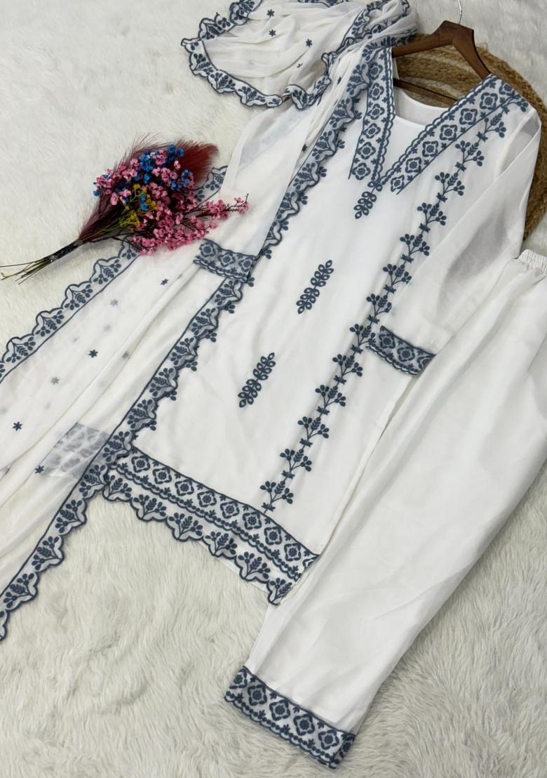 Blue Embroidered Georgette Salwar Kameez - Indya