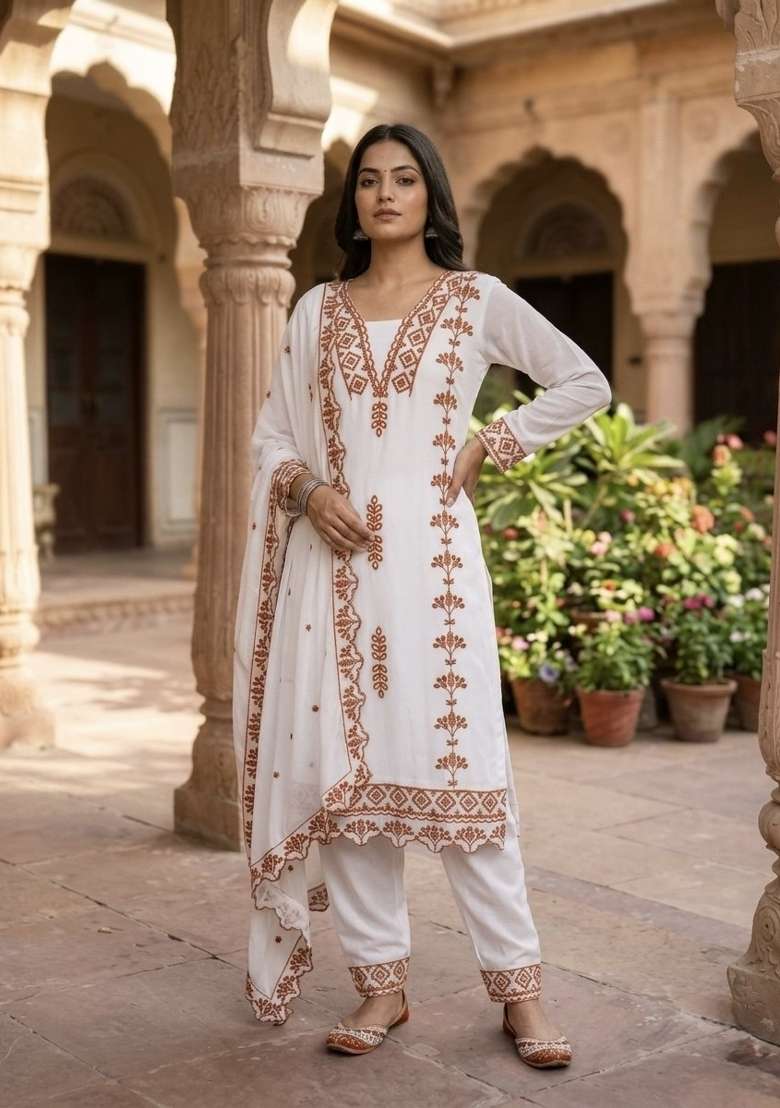 Orange Embroidered Georgette Salwar Kameez - Indya