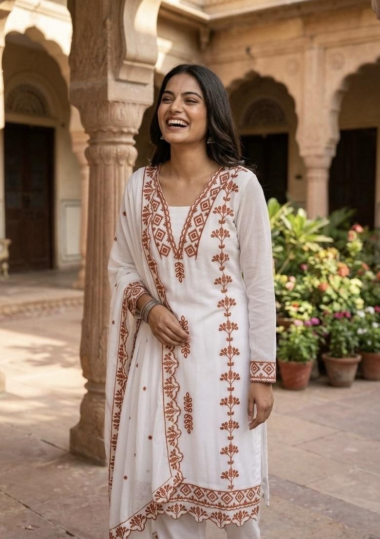 Orange Embroidered Georgette Salwar Kameez - Indya
