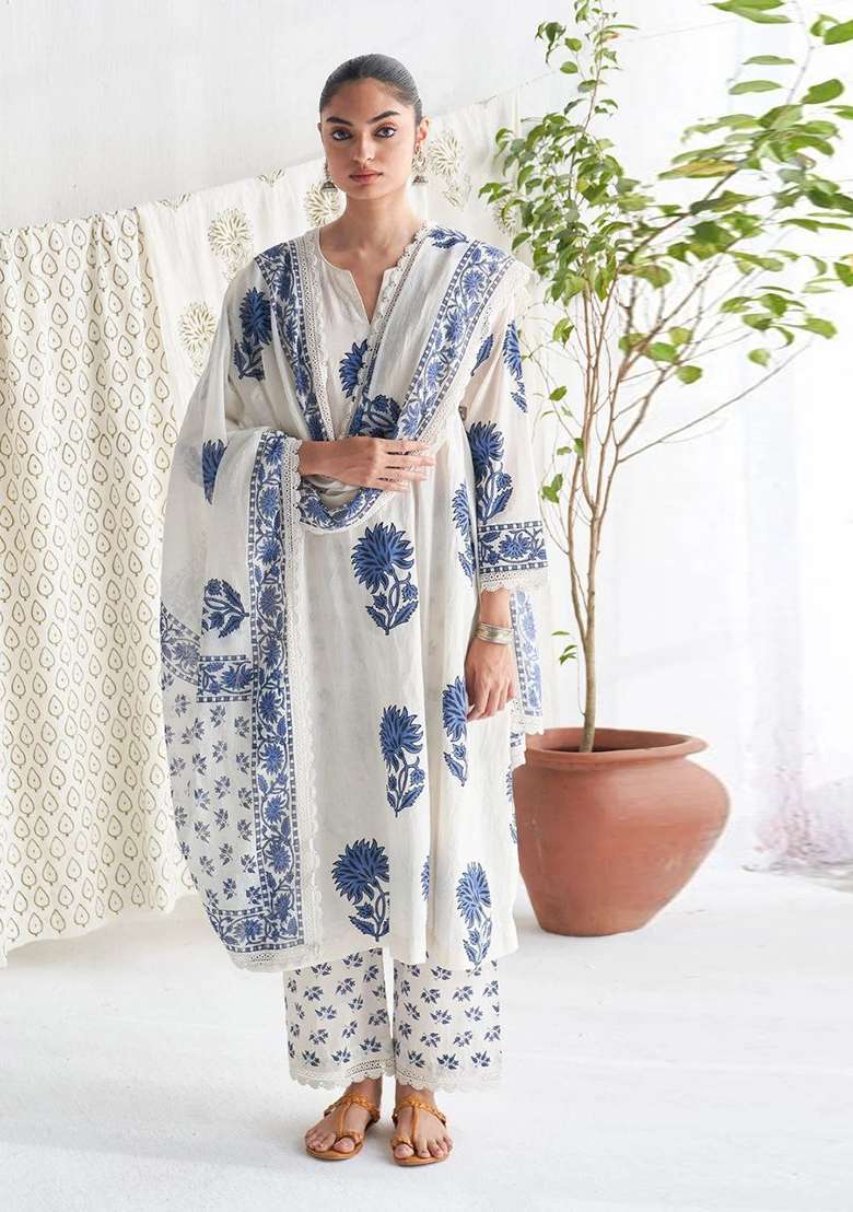 White Embroidered Silk Kurta Set - Indya