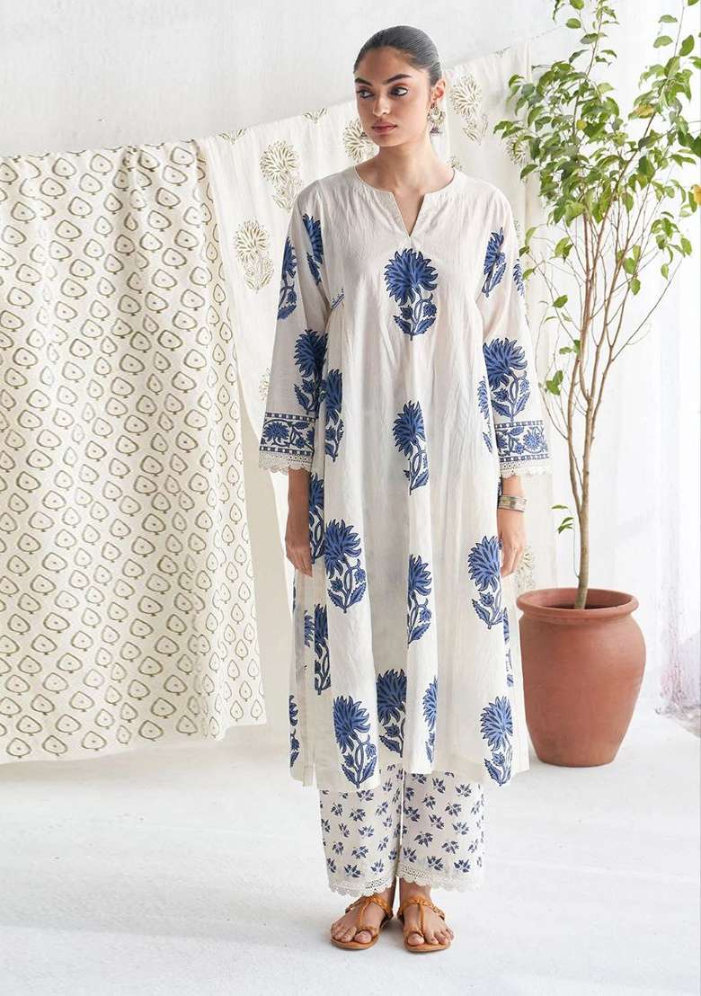 White Embroidered Silk Kurta Set - Indya