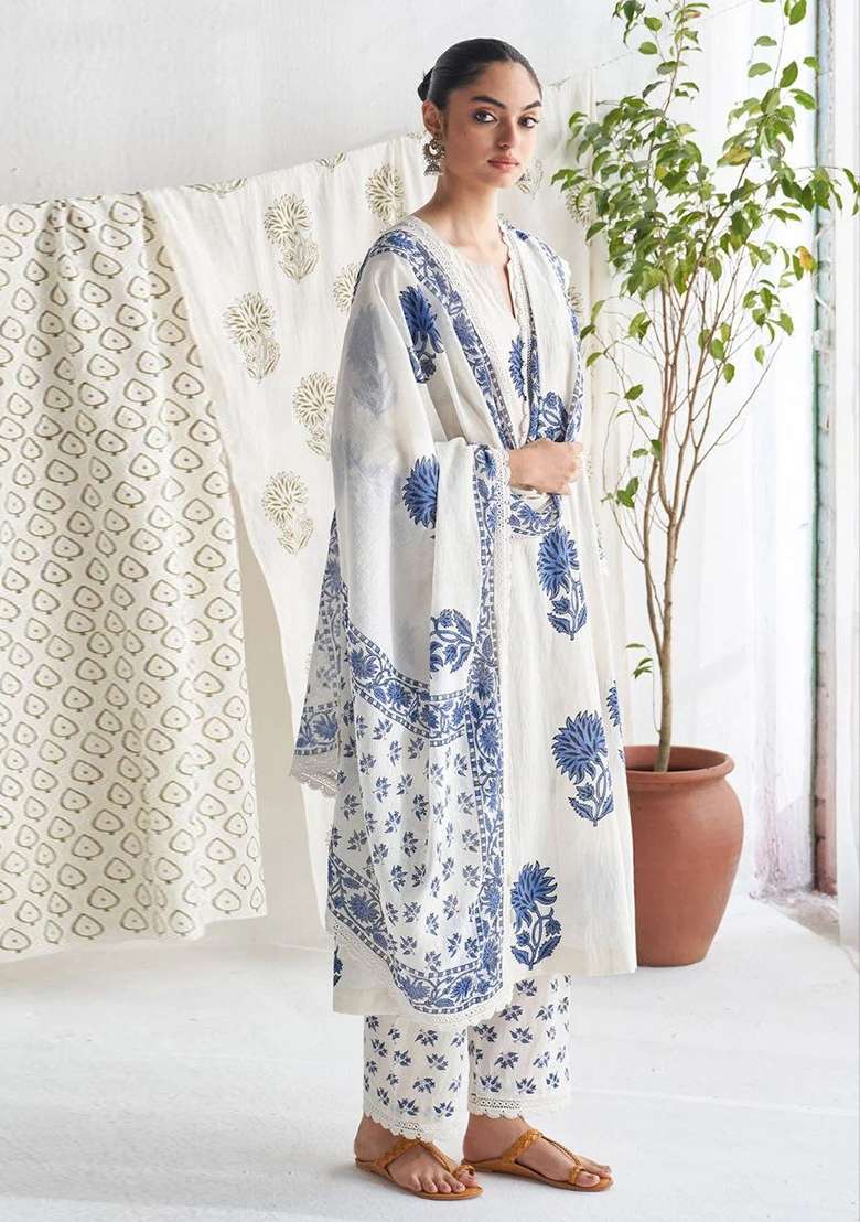 White Embroidered Silk Kurta Set - Indya