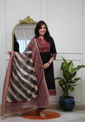 Black Printed Silk Kurta Set