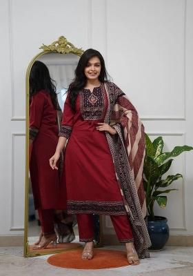 Maroon Printed Silk Kurta Set