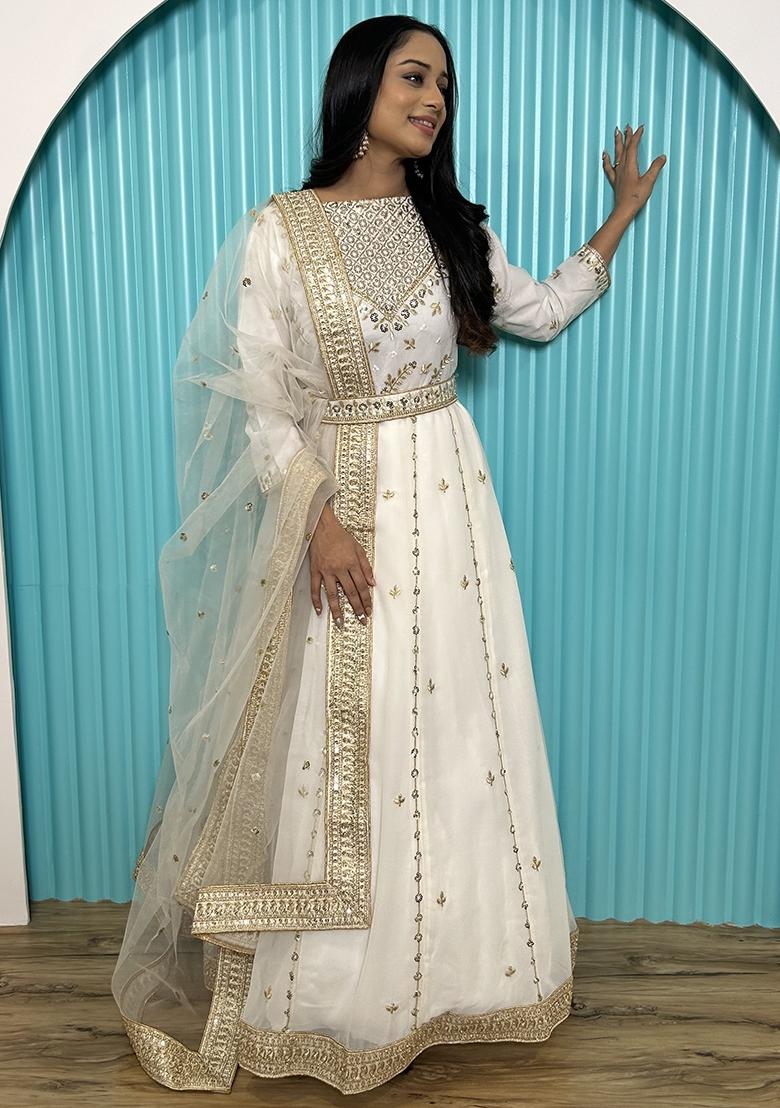 White Embroidered Silk Blend Kurta With Dupatta - Indya
