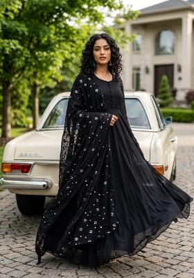 Black Embroidered Silk Kurta Set