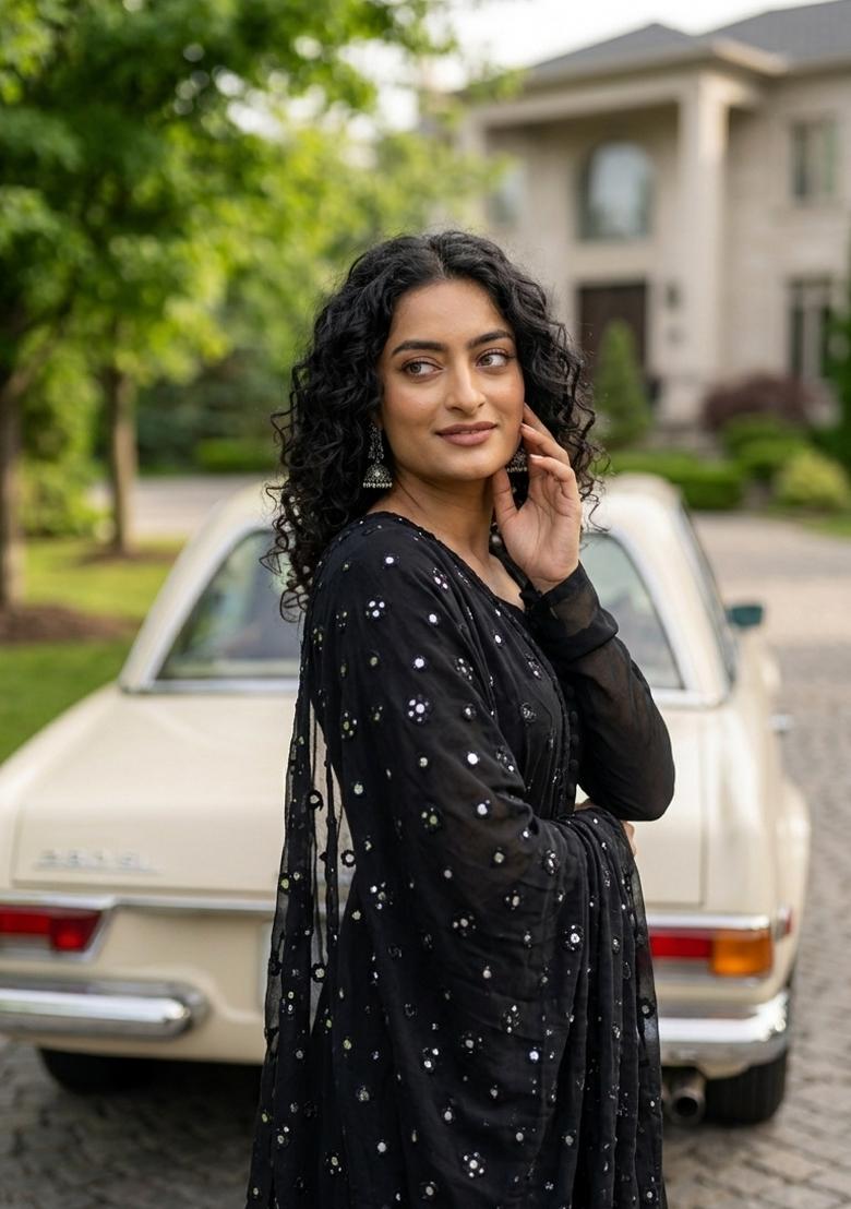 Black Embroidered Silk Blend Kurta Set - Indya