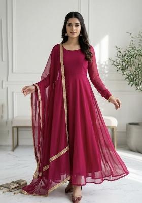 Pink Embroidered Silk Kurta With Dupatta