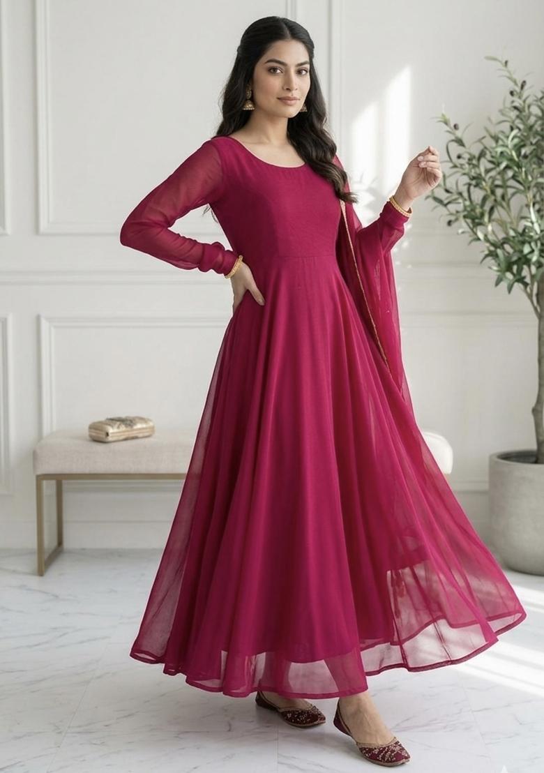 Pink Embroidered Silk Blend Kurta With Dupatta - Indya