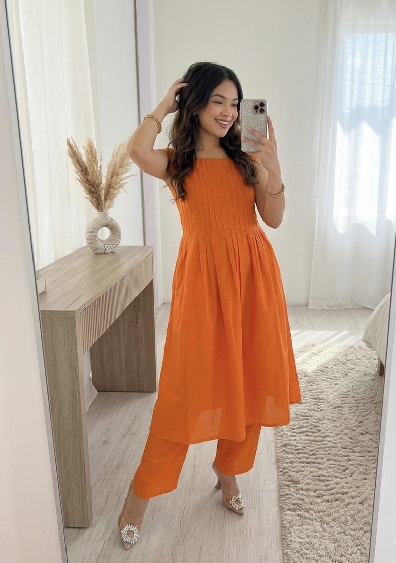 Orange Embroidered Silk Blend Kurta Set - Indya