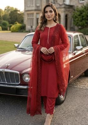 Red Embroidered Silk Kurta Set