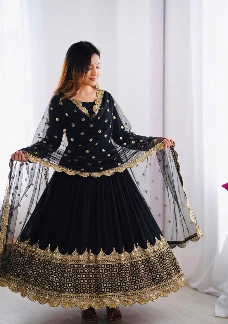 Black Embroidered Silk Blend Kurta With Dupatta - Indya