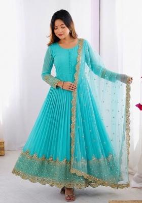 Sky Blue Embroidered Silk Kurta With Dupatta