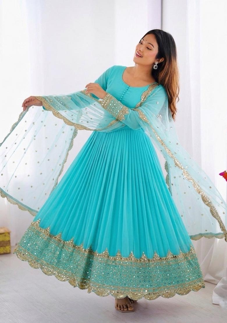 Sky Blue Embroidered Silk Blend Kurta With Dupatta - Indya