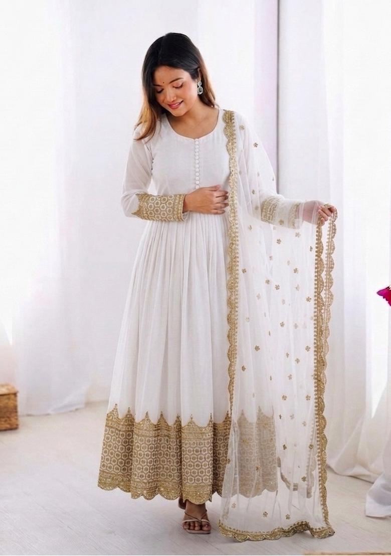 White Embroidered Silk Blend Kurta With Dupatta - Indya