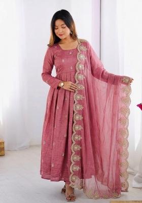 Peach Embroidered Silk Kurta Set