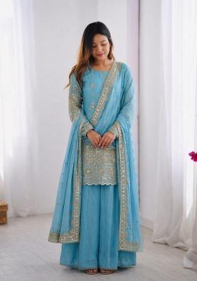 Sky Blue Embroidered Silk Kurta Set