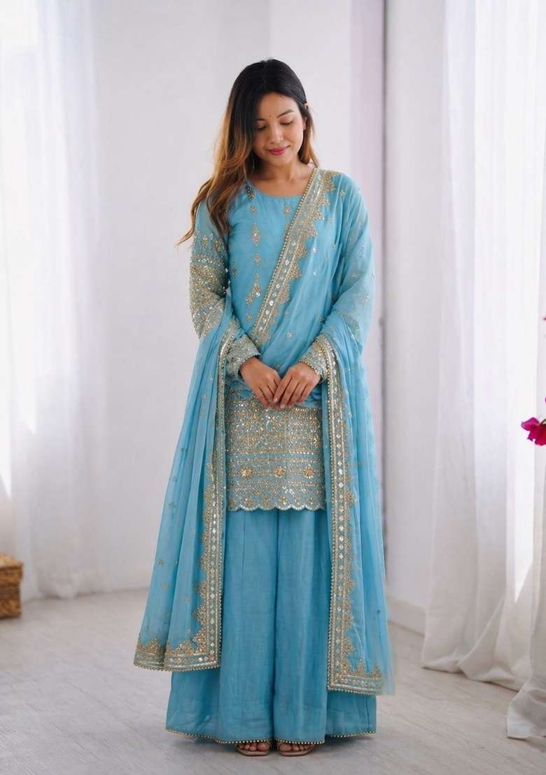 Sky Blue Embroidered Silk Blend Kurta Set - Indya