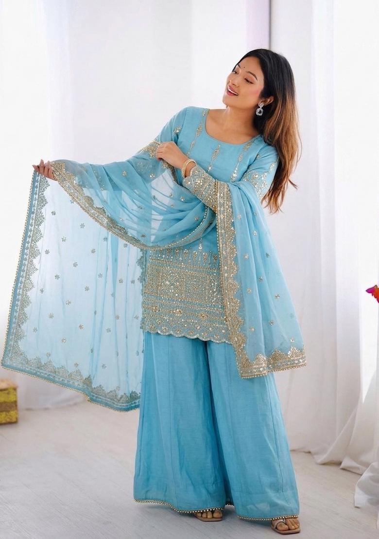 Sky Blue Embroidered Silk Blend Kurta Set - Indya