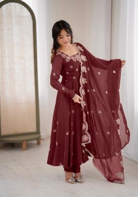 Maroon Embroidered Silk Kurta Set