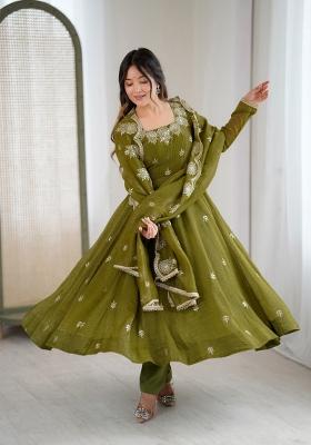 Mehendi Embroidered Silk Kurta Set
