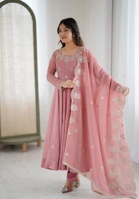 Peach Embroidered Silk Kurta Set