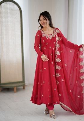 Red Embroidered Silk Kurta Set