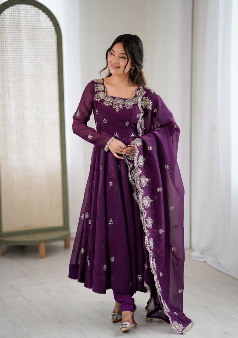 Wine Embroidered Silk Blend Kurta Set - Indya